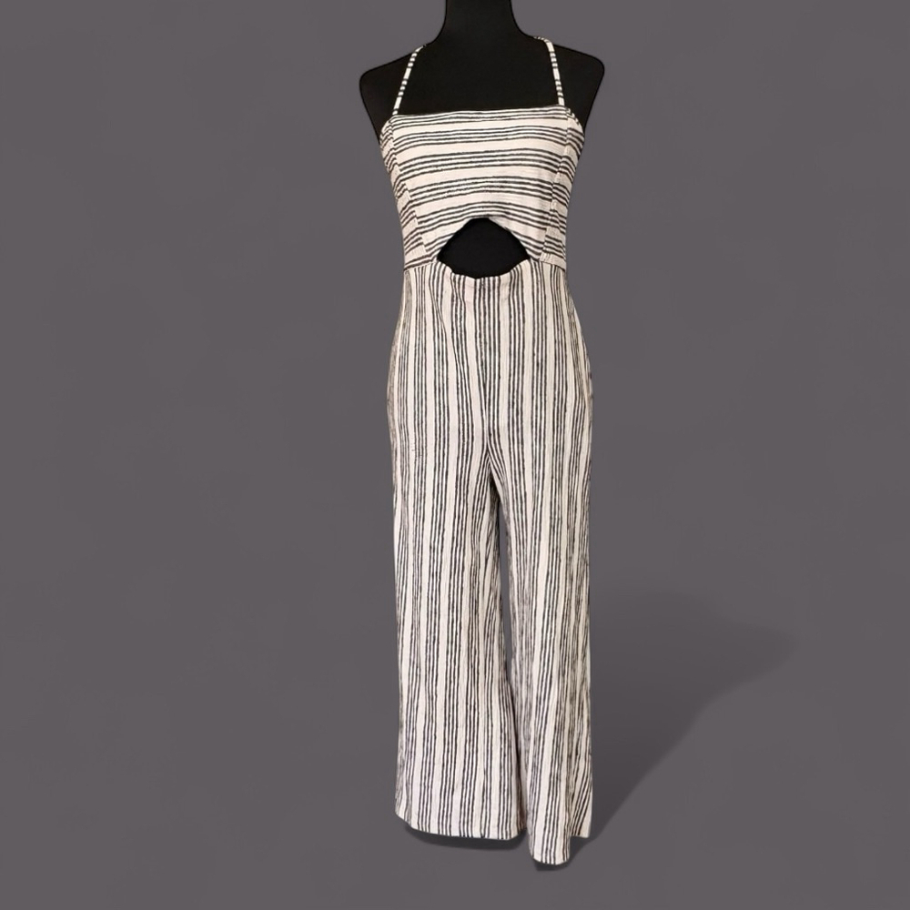 Bershka Cream Black Striped Wide Leg Jumpsuit Medium